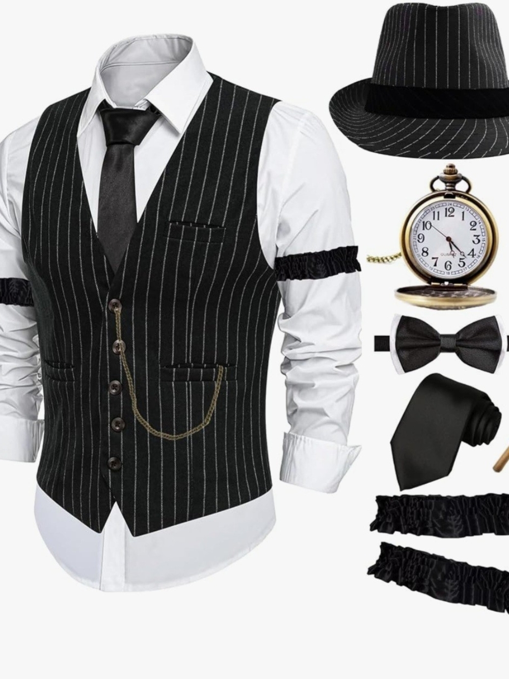 Classic Black Pinstripe Vest & Accessories Set